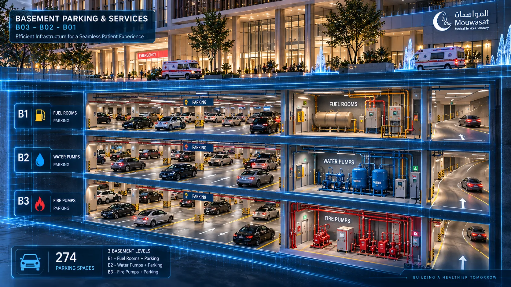 Illustrative three-dimensional view of basement service infrastructure